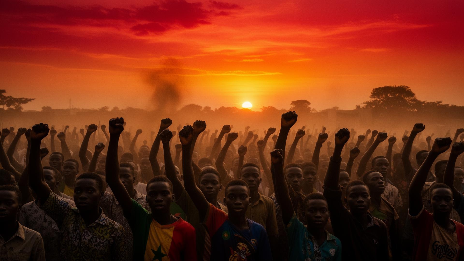 Foule sénégalaise levant le poing au coucher du soleil